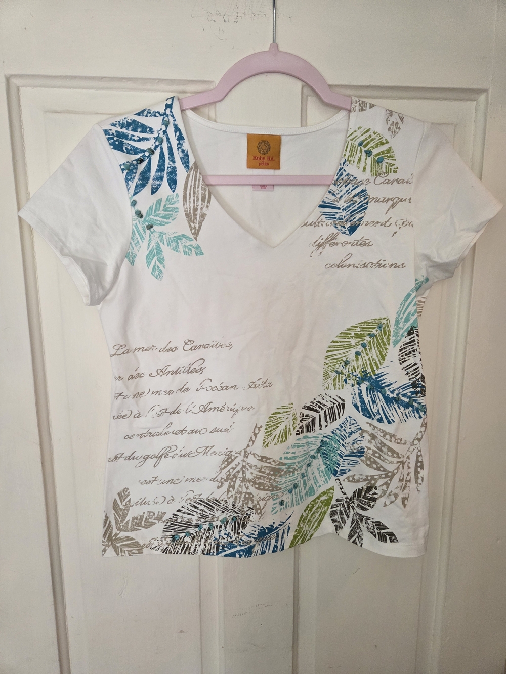 Ruby Rd. White V-Neck Tee with Blue, Teal & Green Leaf Print